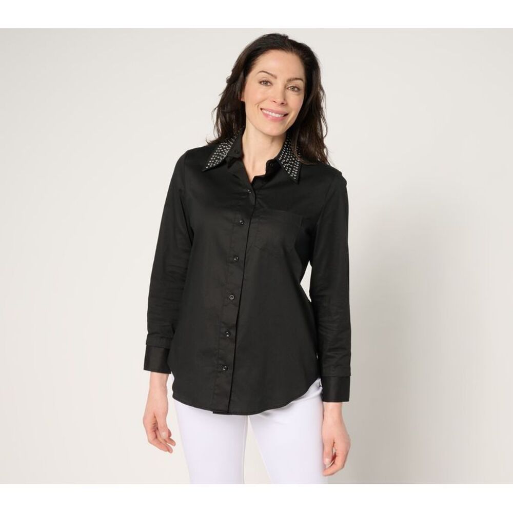 Liberare Women's Top Plus Sz 2X Poplin Button Front Foundation Black A682272